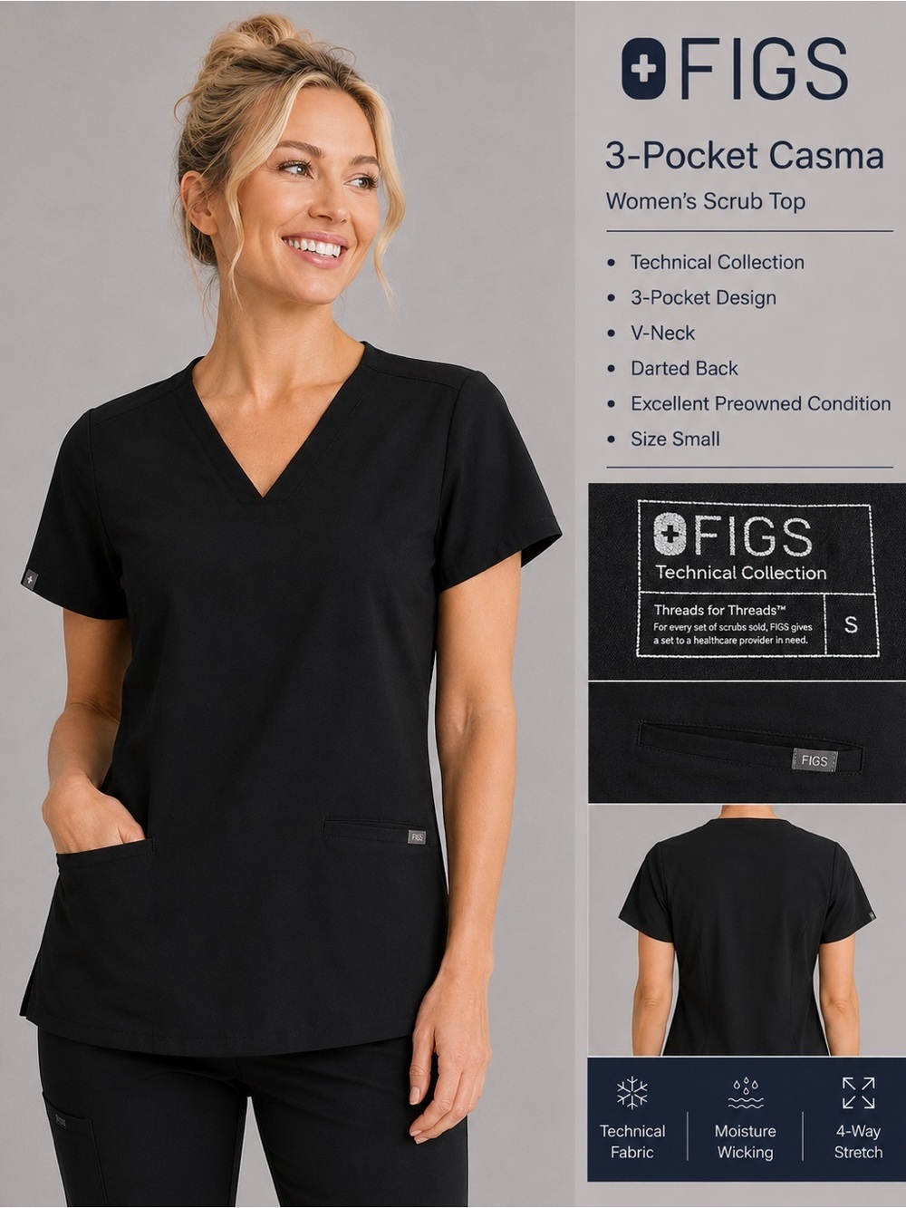 FIGS 3-Pocket Casma Women’s Black Scrub Top Size Small Technical Collection